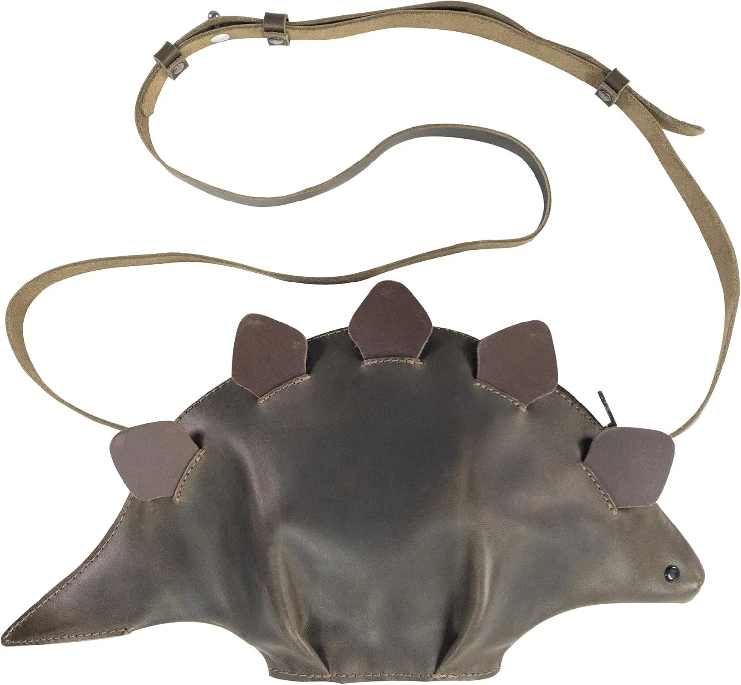 Dinosaur-Shaped (Stegosaurus) Shoulder Bag, Handbag, Crossbody Bag, Messenger Bag with Adjustable Strap, Full Grain Leather, Handmade, Dark Jade