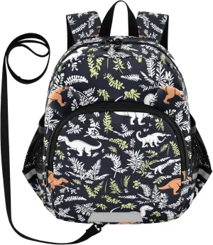 Dinosaurs Preschool Backpack Plam Leaves Dark Daycare Bookbag School Backpack with Traction Rope for Kids 3-6