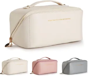DOMAT Travel Makeup Bag For Women,Quality Waterproof Toiletry Bag,Huge Storage Space Cosmetic Bag,Multi-Functional Travel Makeup Organizer With Mirror.(Creamy white)