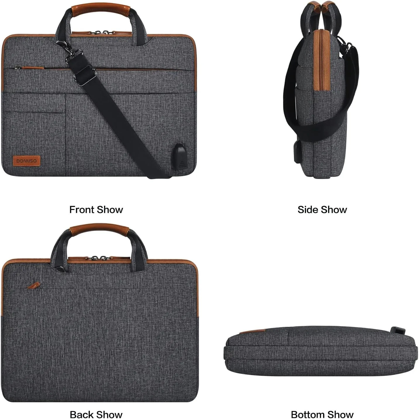 DOMISO 15.6 Inch Multi-Functional Laptop Sleeve Business Briefcase Messenger Bag with USB Charging Port Compatible for 15.6" Laptop/Apple/IdeaPad/Acer Aspire/HP ENVY 15 / Dell XPS 15,Dark Grey