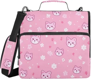 Doodle Cat Face Flower Pink Zipper Binder with Shoulder Strap Trapper Keeper 3 Ring Binder Organizer Large Capacity Multiple Compartments for School Office