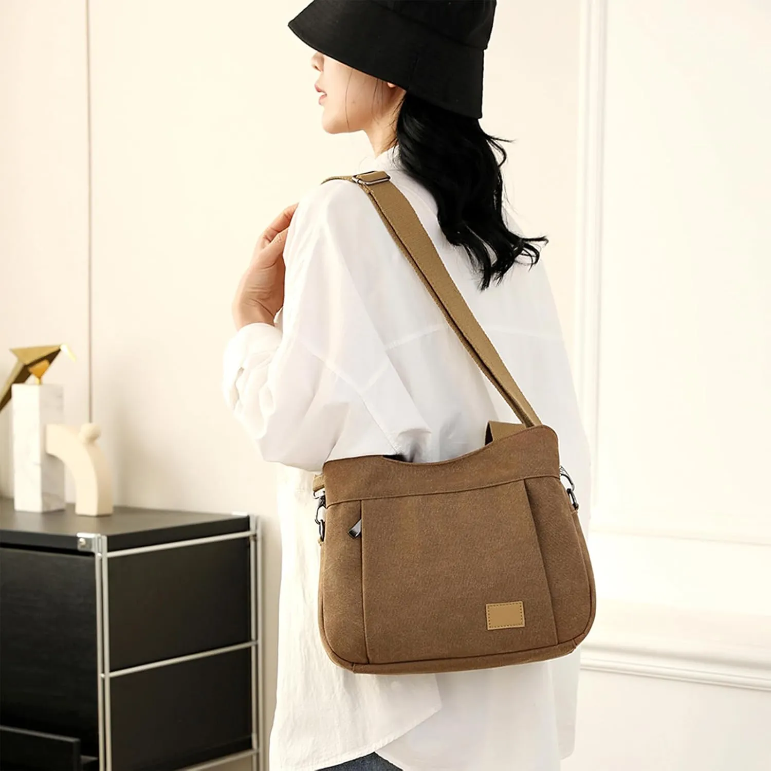 DOURR Light Cotton Canvas Crossbody Bags for Women Daily Small Organized Shoulder Handbags with 3 Compartments
