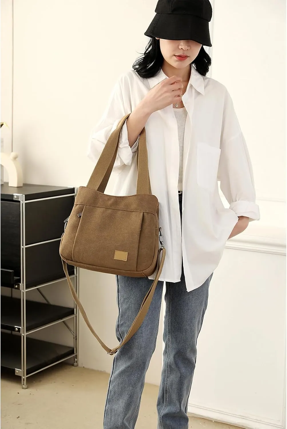 DOURR Light Cotton Canvas Crossbody Bags for Women Daily Small Organized Shoulder Handbags with 3 Compartments
