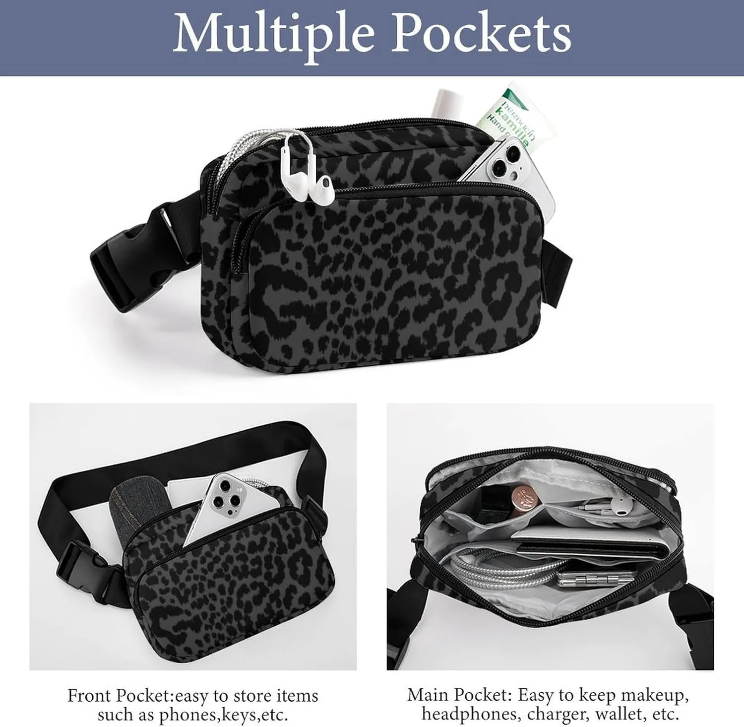 Dress Decor Waist Bag, Fashion Belt Bag, Full Printed Unisex Pack With Adjustable Strap For Running, Hiking & Travel Compatible with Dark Gray Black Leopard Cheetah Print