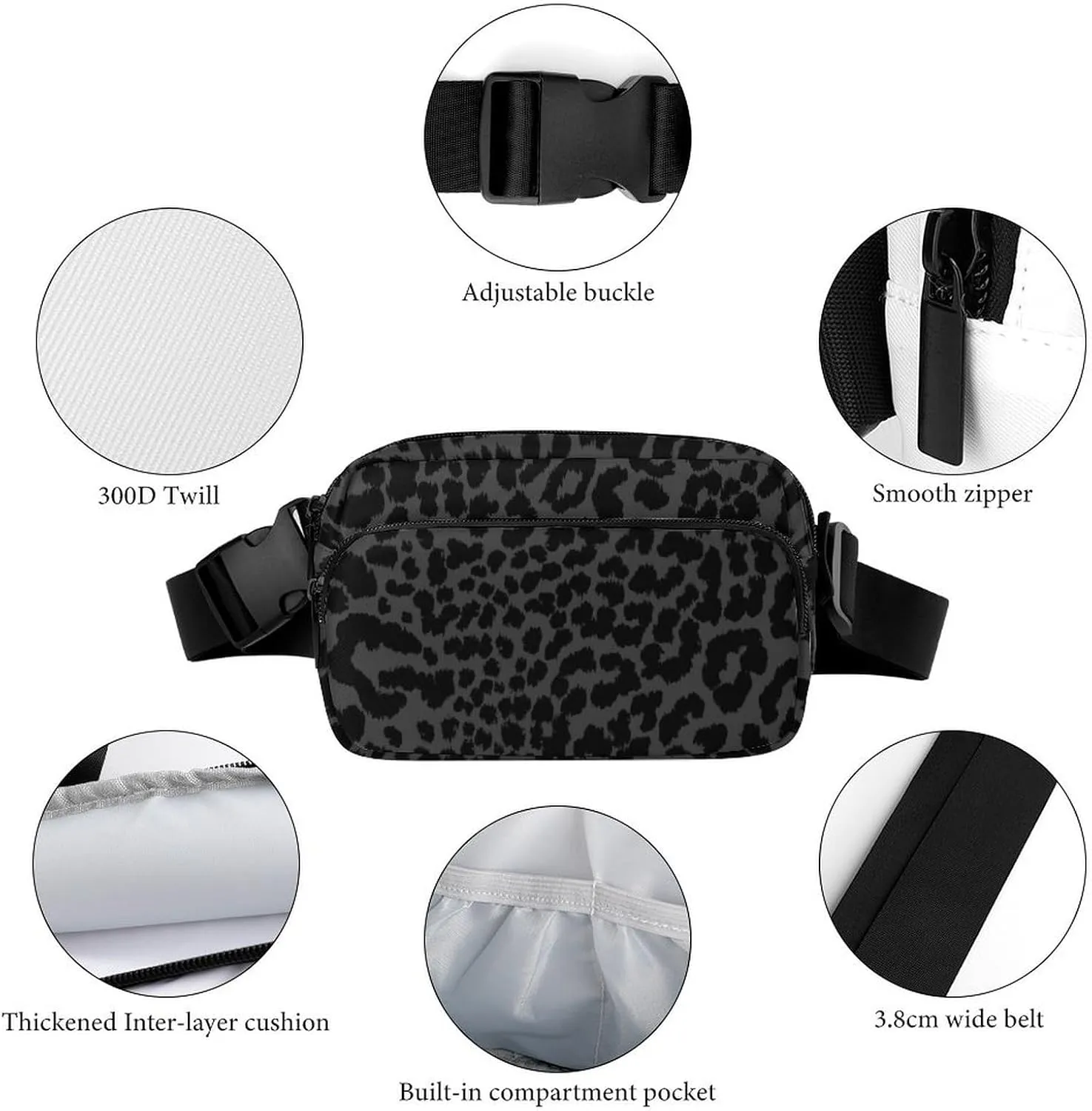 Dress Decor Waist Bag, Fashion Belt Bag, Full Printed Unisex Pack With Adjustable Strap For Running, Hiking & Travel Compatible with Dark Gray Black Leopard Cheetah Print