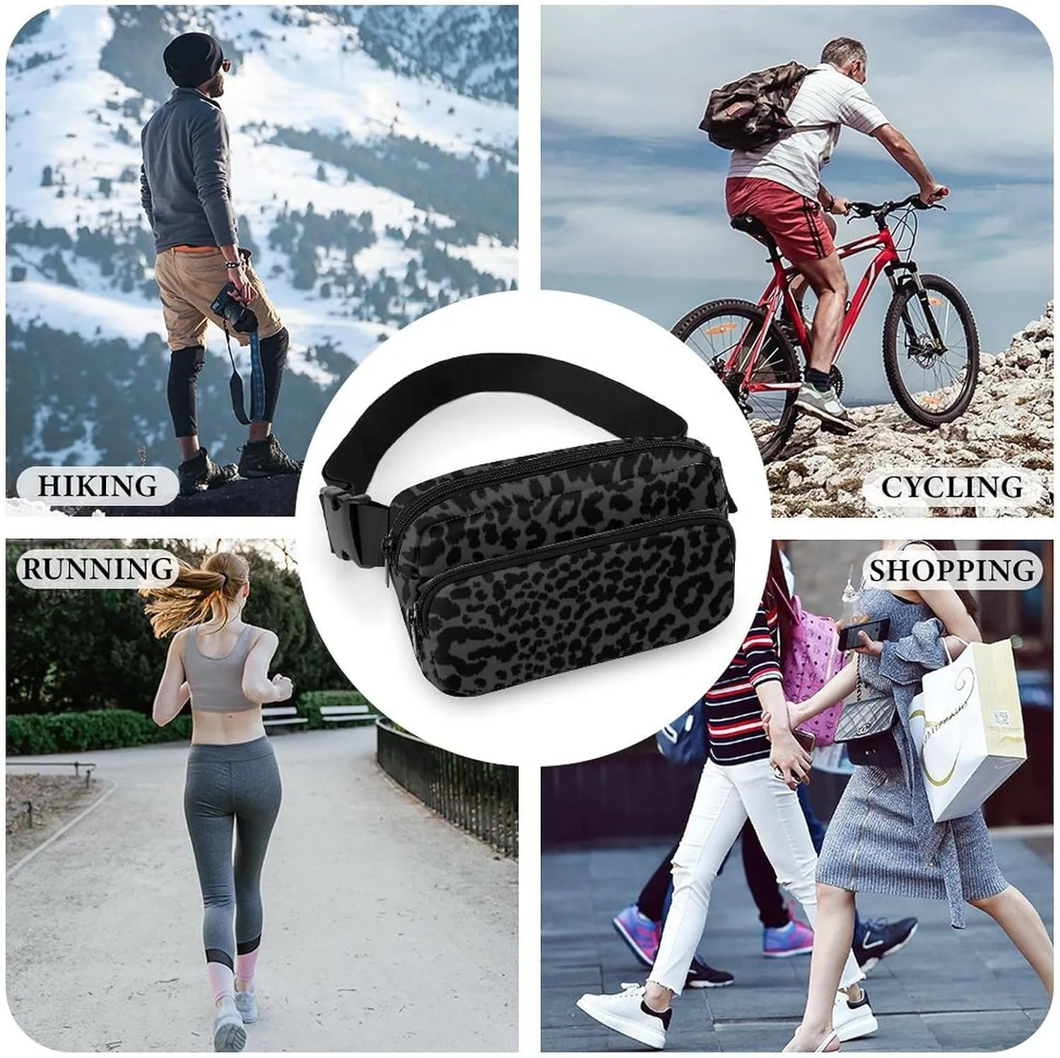 Dress Decor Waist Bag, Fashion Belt Bag, Full Printed Unisex Pack With Adjustable Strap For Running, Hiking & Travel Compatible with Dark Gray Black Leopard Cheetah Print