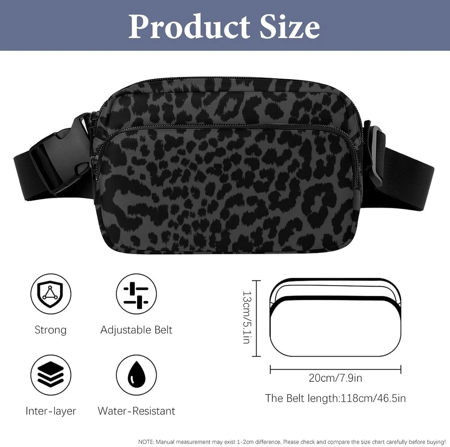 Dress Decor Waist Bag, Fashion Belt Bag, Full Printed Unisex Pack With Adjustable Strap For Running, Hiking & Travel Compatible with Dark Gray Black Leopard Cheetah Print