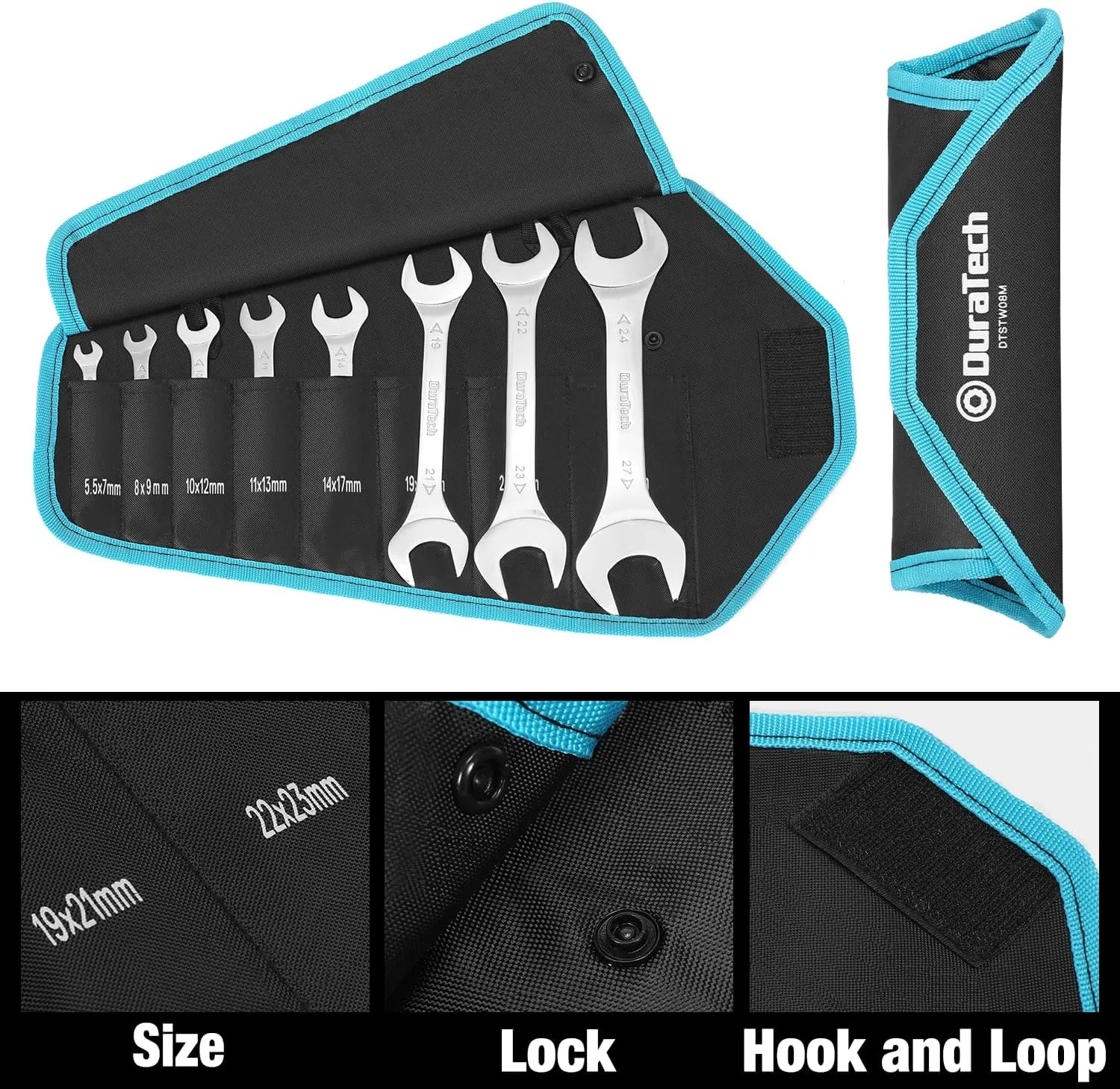DURATECH Super-Thin Open End Wrench Set, Metric, 8-Piece, Including 5.5, 7, 8, 9, 10, 11, 12, 13, 14, 17, 19, 21, 22, 23, 24, 27 mm, Slim Spanner Set with Rolling Pouch