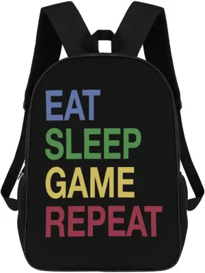 Eat Sleep Game Unisex Backpack 17" Casual Daypacks Simple Shoulders Bag for Camping Hiking Travel Gear