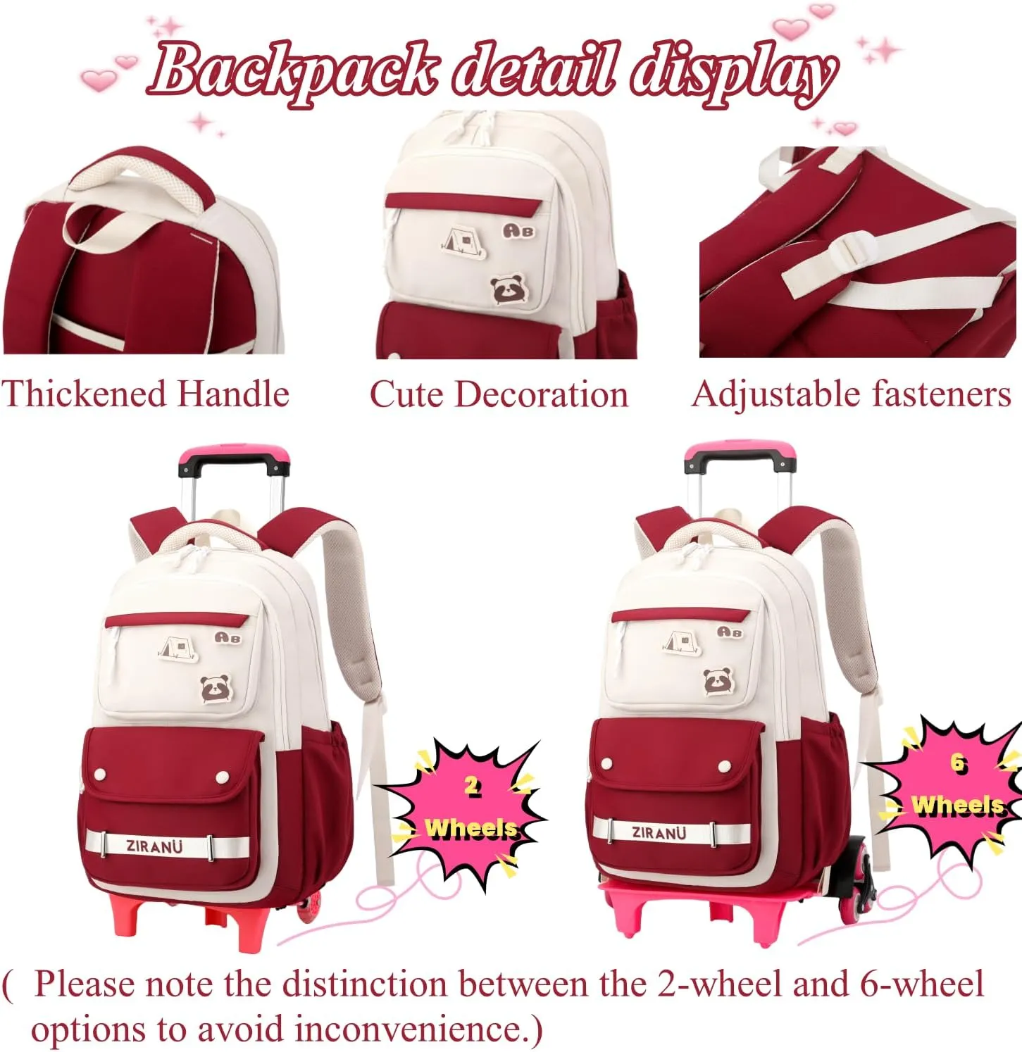 EKUIZAI Aesthetic Rolling Backpack for Girls Large-capacity secondary school bag Solid Color Girls Trolley Backpack