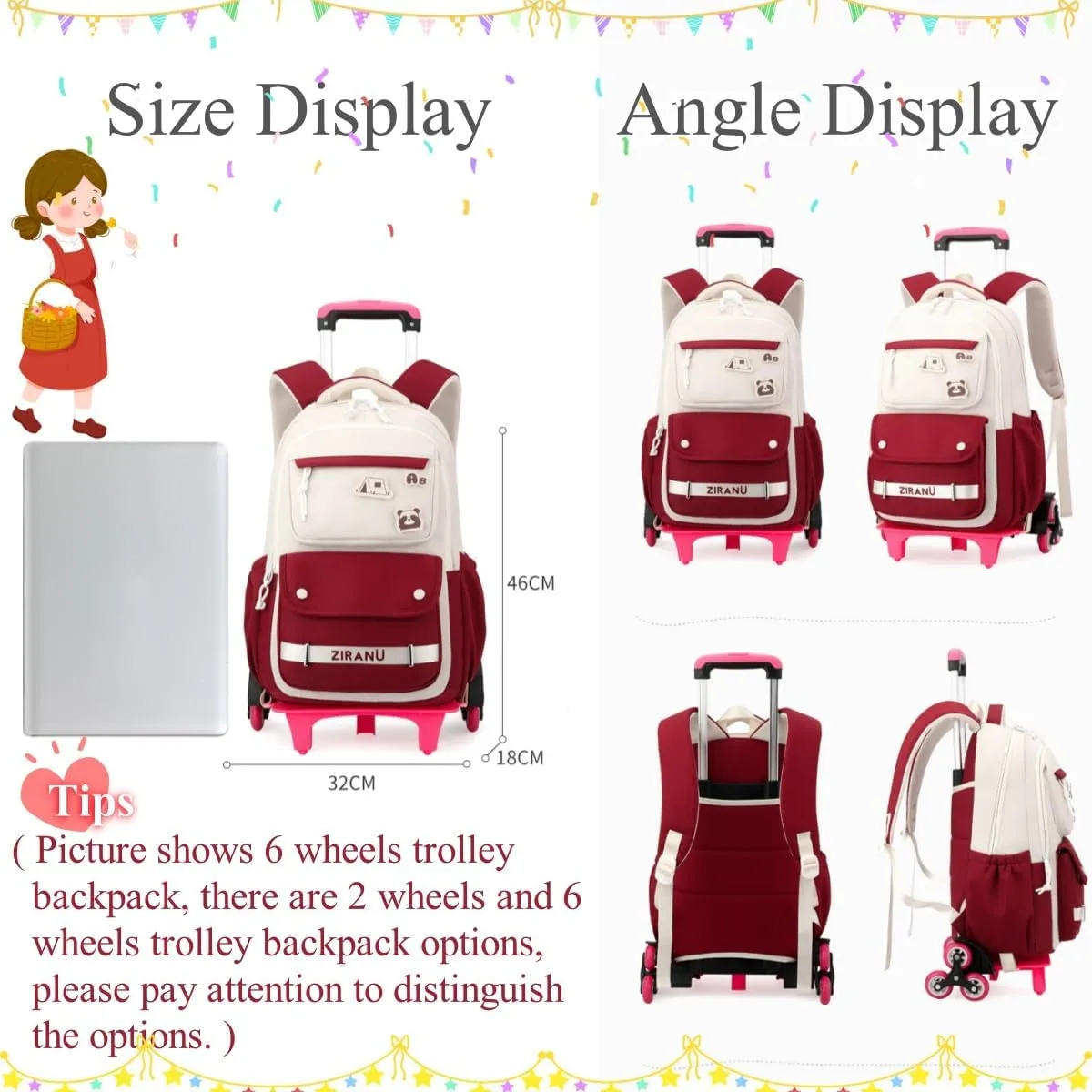 EKUIZAI Aesthetic Rolling Backpack for Girls Large-capacity secondary school bag Solid Color Girls Trolley Backpack