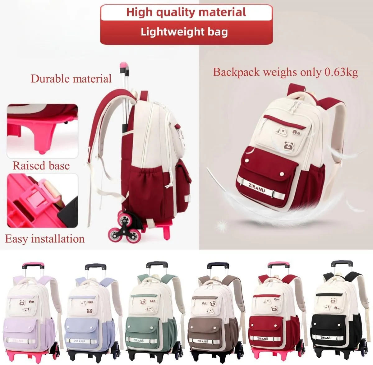 EKUIZAI Aesthetic Rolling Backpack for Girls Large-capacity secondary school bag Solid Color Girls Trolley Backpack