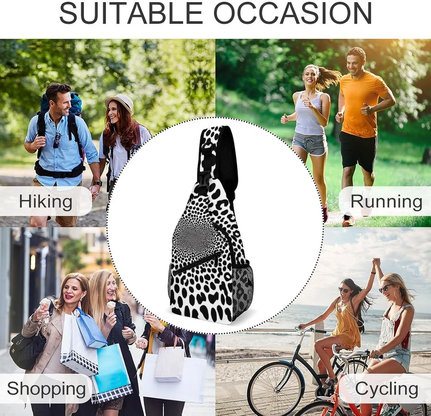 Elegant Crossbody Backpack, Dark Black And White Leopard Cheetah Print Travel Hiking Chest Bag Adjustable Sling Pack for Purses Shoulder Bag for Women Men's Travel,Sports