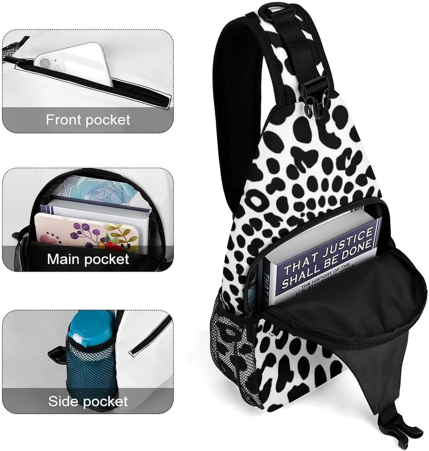 Elegant Crossbody Backpack, Dark Black And White Leopard Cheetah Print Travel Hiking Chest Bag Adjustable Sling Pack for Purses Shoulder Bag for Women Men's Travel,Sports