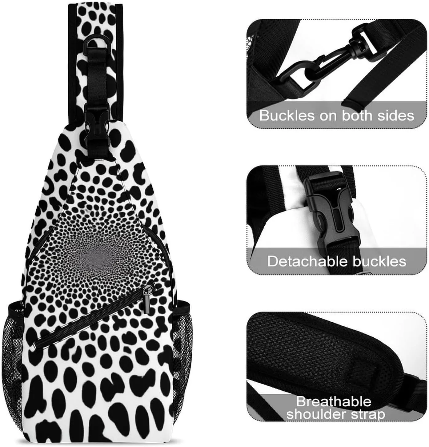 Elegant Crossbody Backpack, Dark Black And White Leopard Cheetah Print Travel Hiking Chest Bag Adjustable Sling Pack for Purses Shoulder Bag for Women Men's Travel,Sports