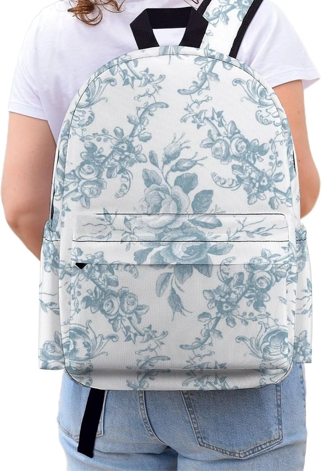 Elegant Engraved Blue And White Floral Toile Large Capacity Backpack, Simple And Practical, Exquisite And Minimalist Design