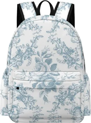 Elegant Engraved Blue And White Floral Toile Large Capacity Backpack, Simple And Practical, Exquisite And Minimalist Design