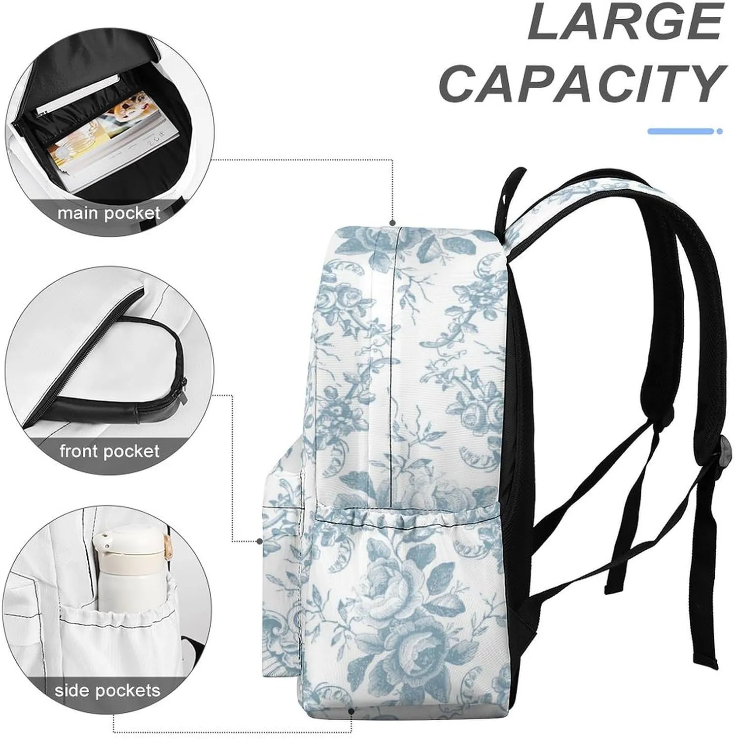 Elegant Engraved Blue And White Floral Toile Large Capacity Backpack, Simple And Practical, Exquisite And Minimalist Design