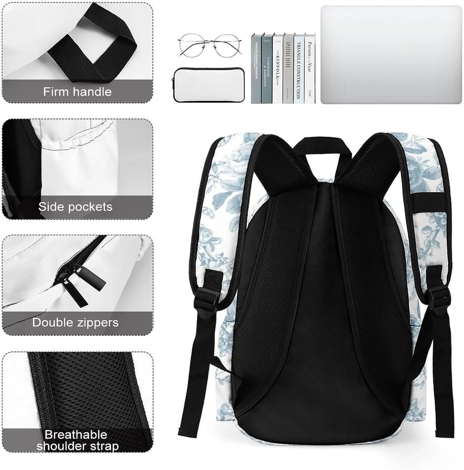 Elegant Engraved Blue And White Floral Toile Large Capacity Backpack, Simple And Practical, Exquisite And Minimalist Design