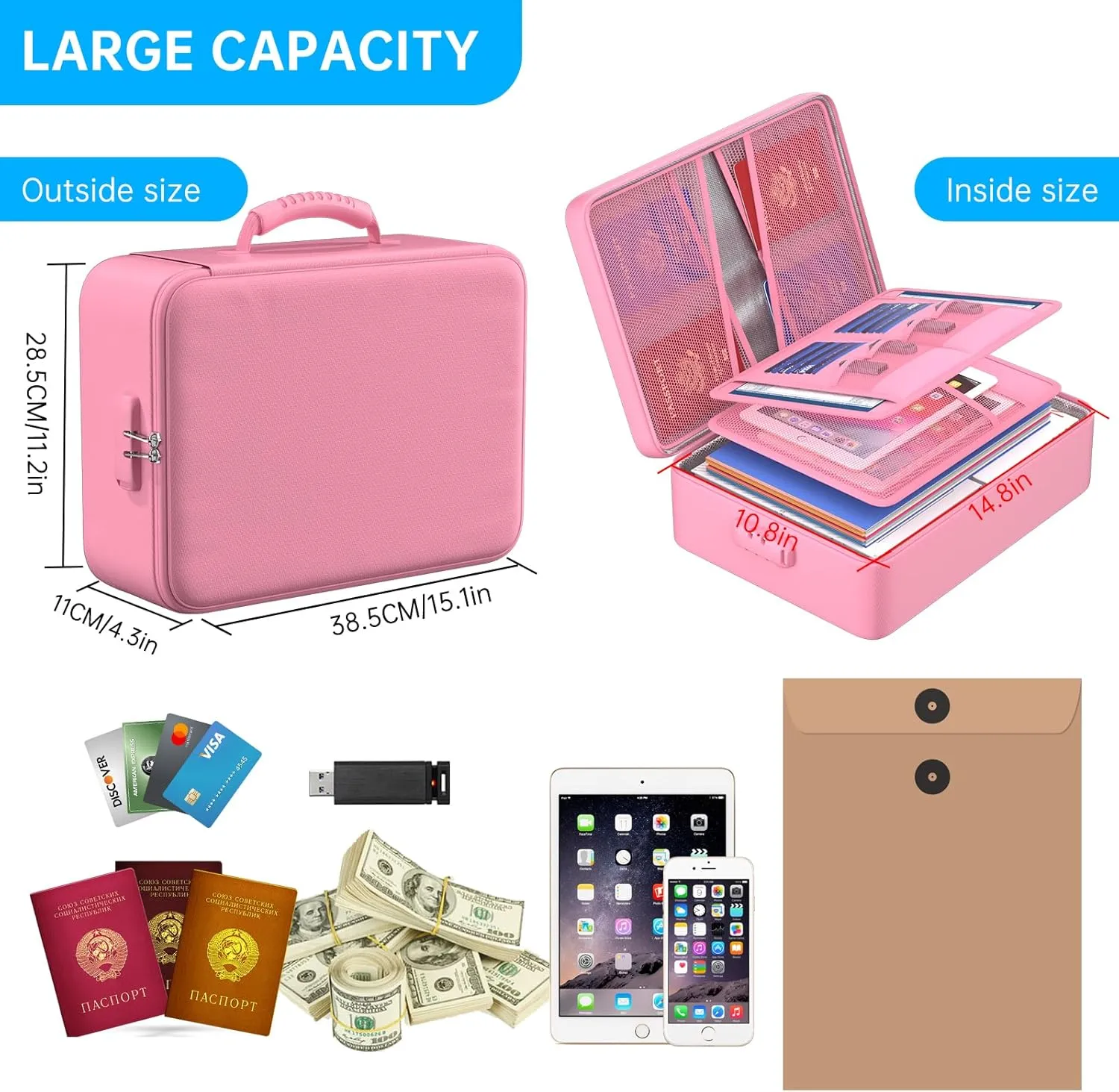 ENGPOW 5200°F Fireproof Document Bag with Lock, Upgraded Heat Insulated Fireproof＆Waterproof Box 8 Layers Document Organizer, Portable Home Travel Safe Storage Box for Important Files, Laptop, Pink