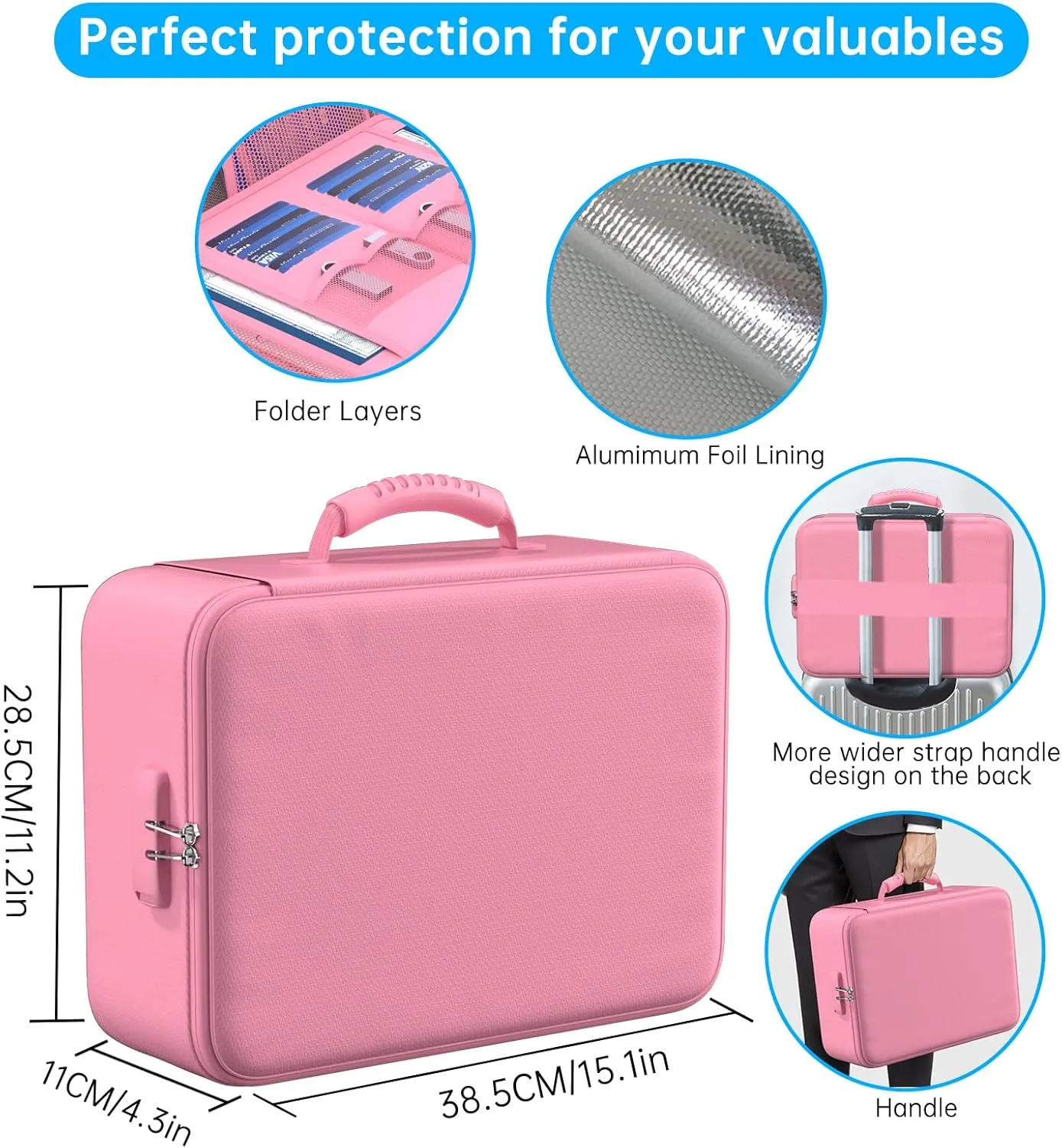 ENGPOW 5200°F Fireproof Document Bag with Lock, Upgraded Heat Insulated Fireproof＆Waterproof Box 8 Layers Document Organizer, Portable Home Travel Safe Storage Box for Important Files, Laptop, Pink