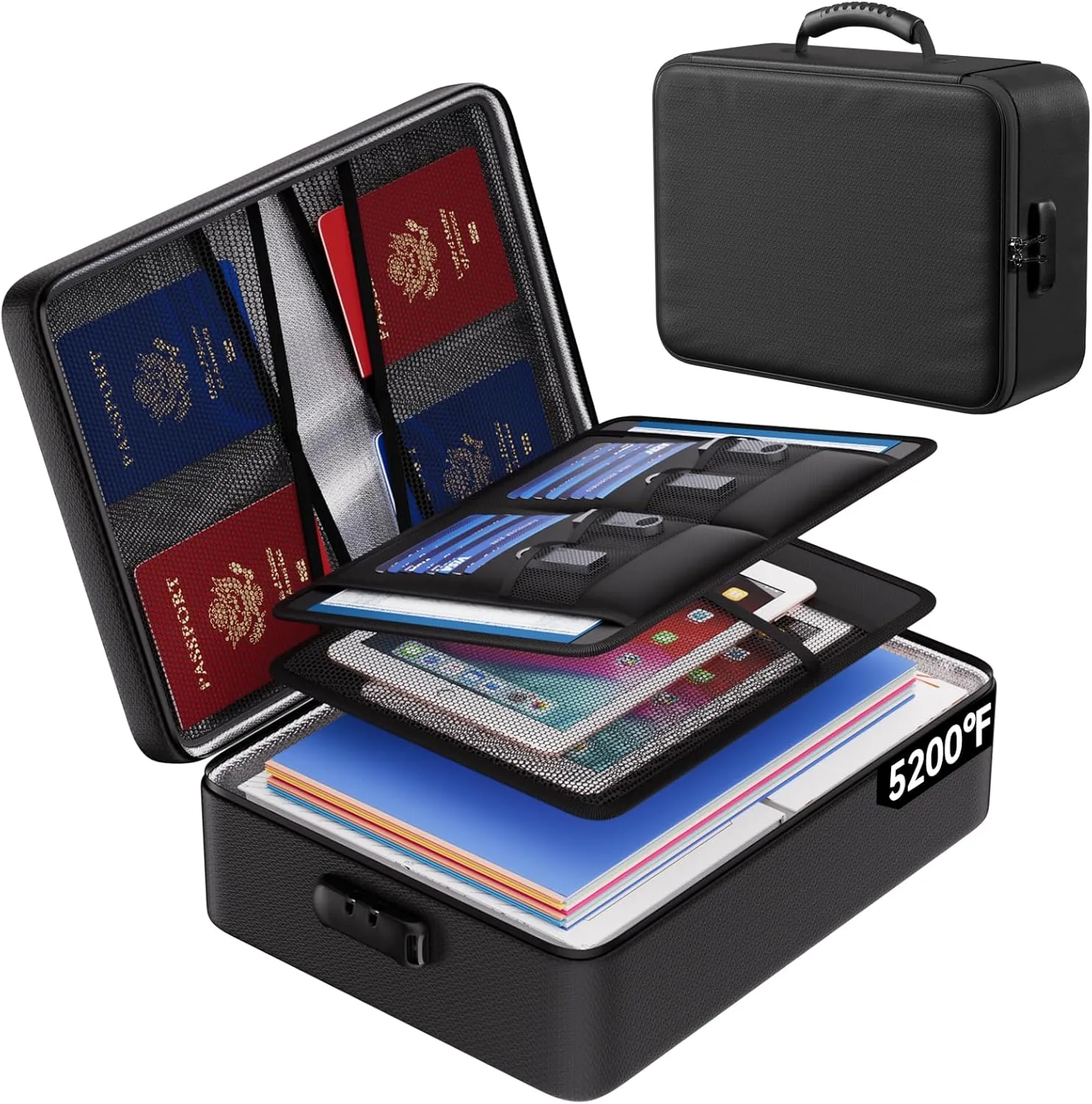 ENGPOW 5200°F Fireproof Document Bag with Lock,Upgraded Heat Insulated Fireproof＆Waterproof Box 8 Layers File Organizer,Portable Home Travel Safe Storage for Important Documents,Passports,Laptop