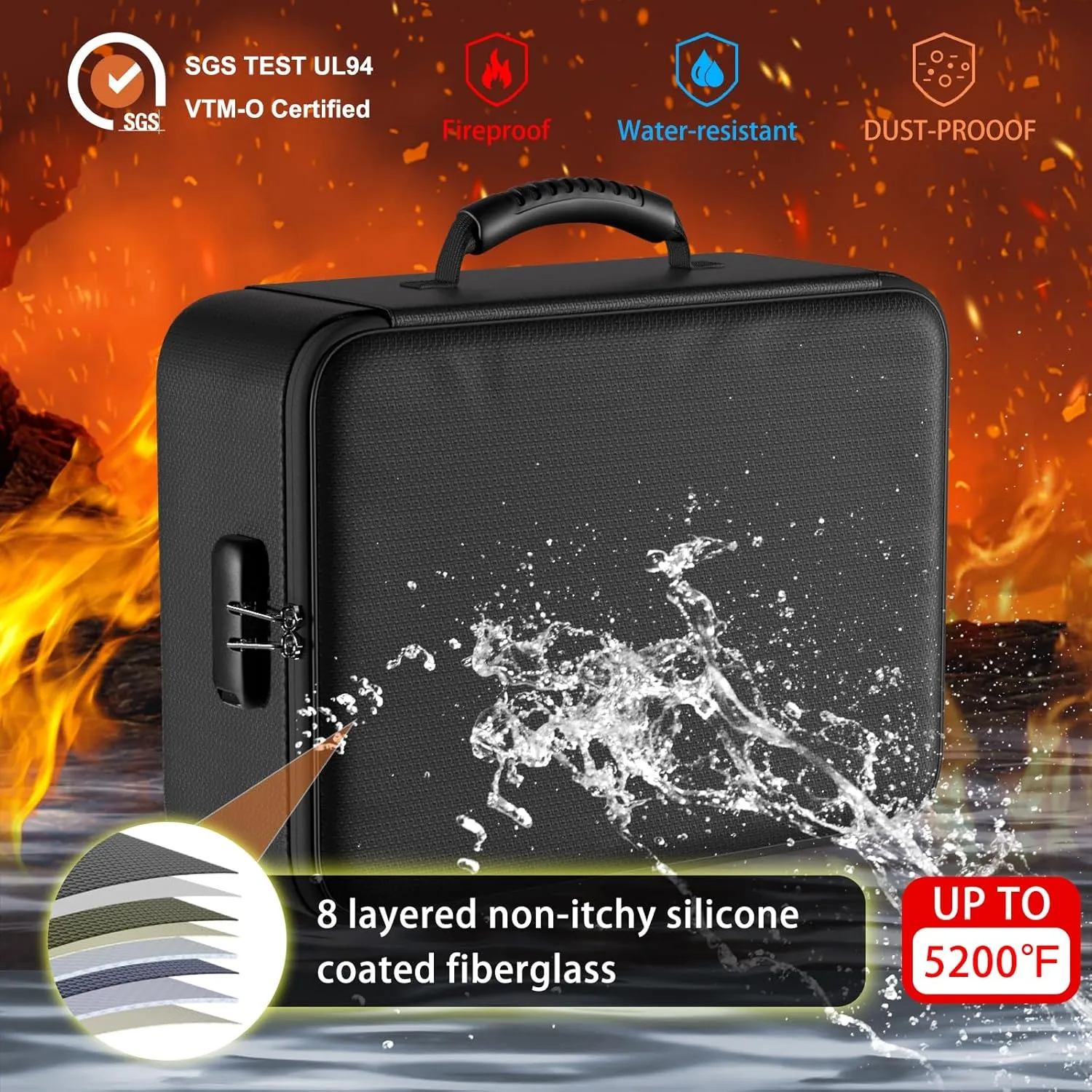 ENGPOW 5200°F Fireproof Document Bag with Lock,Upgraded Heat Insulated Fireproof＆Waterproof Box 8 Layers File Organizer,Portable Home Travel Safe Storage for Important Documents,Passports,Laptop