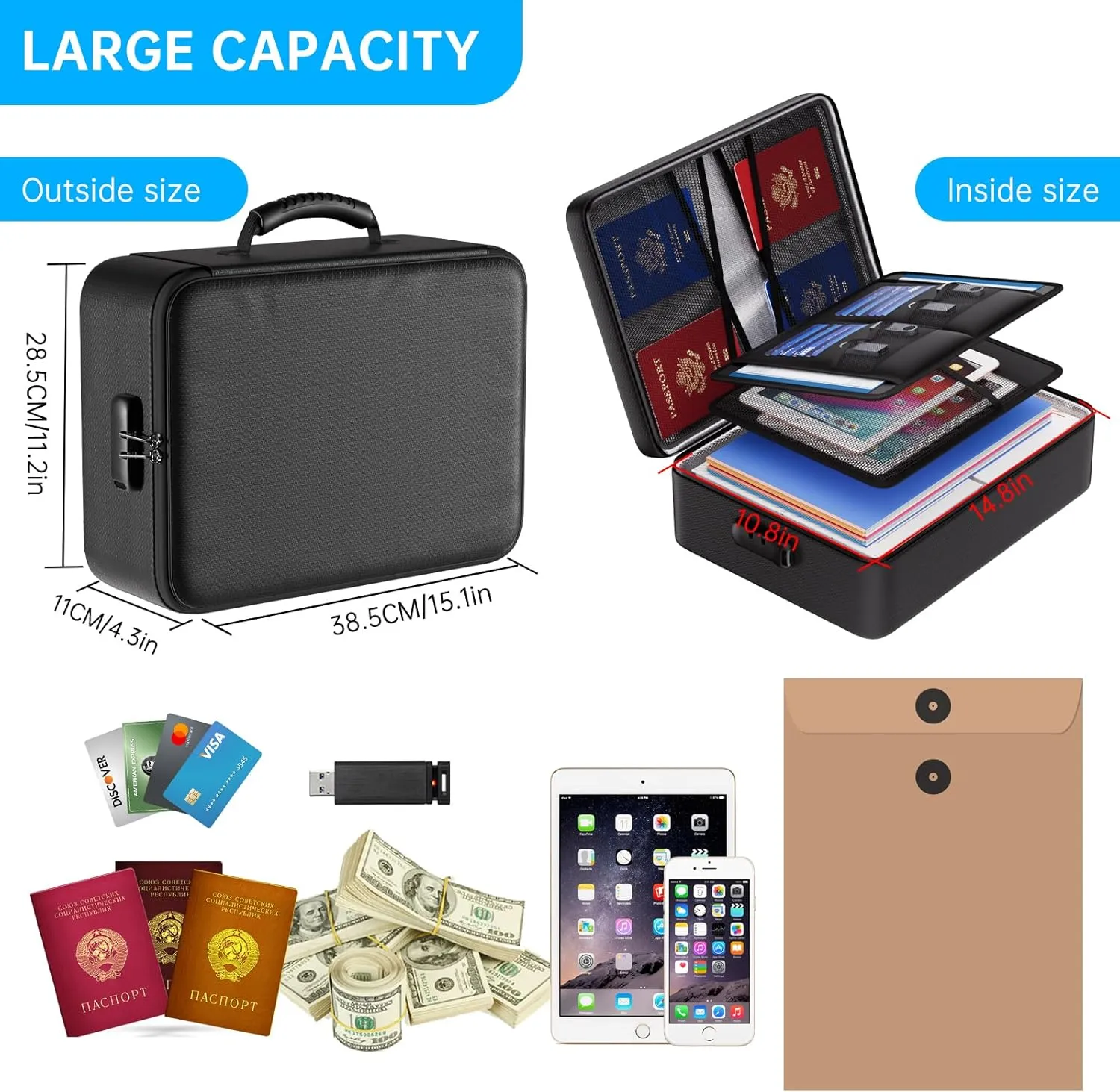 ENGPOW 5200°F Fireproof Document Bag with Lock,Upgraded Heat Insulated Fireproof＆Waterproof Box 8 Layers File Organizer,Portable Home Travel Safe Storage for Important Documents,Passports,Laptop