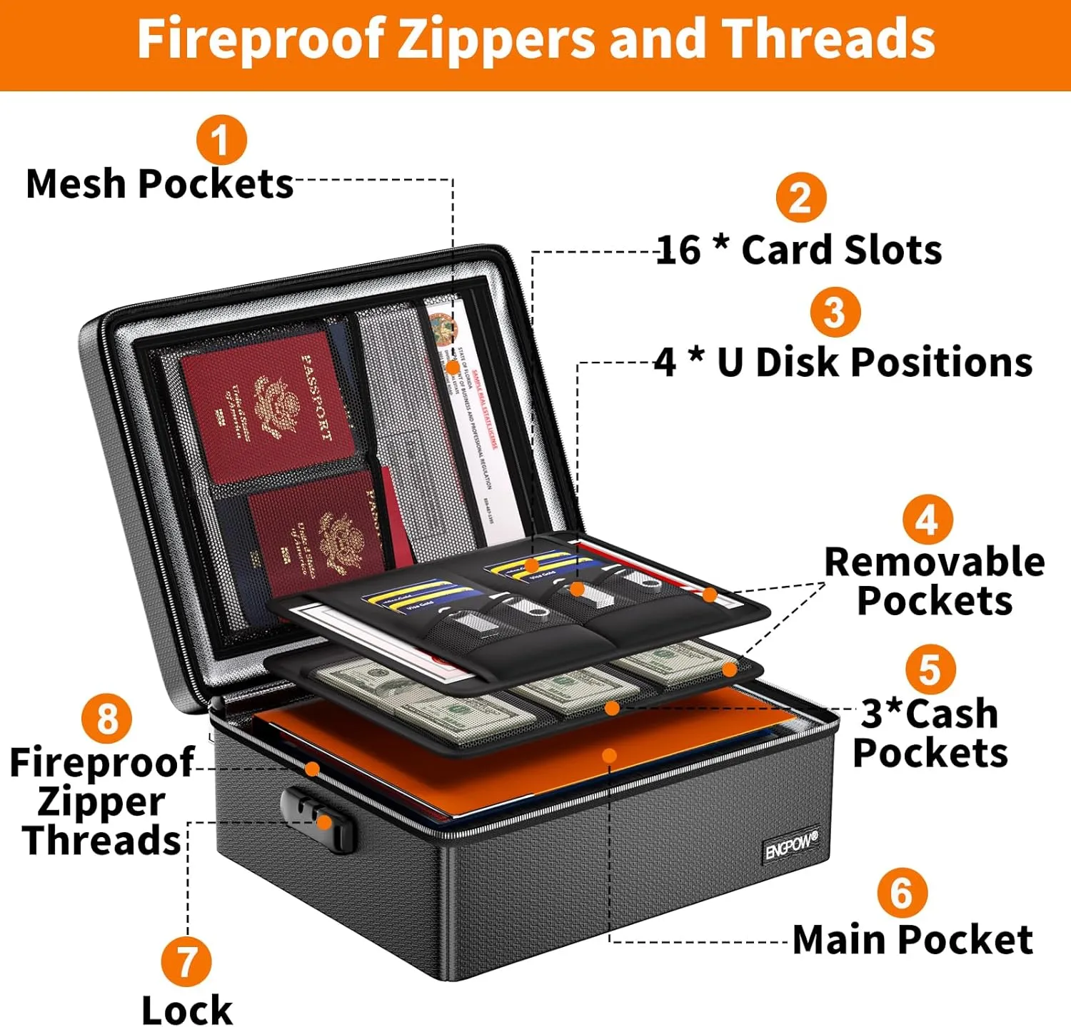 ENGPOW Fireproof Document Box with Lock, Fireproof Water Resistant Heat Insulated Safe Box Hard Case with Fireproof Zipper, Portable Home Office Travel File Organizer for Important Documents and More