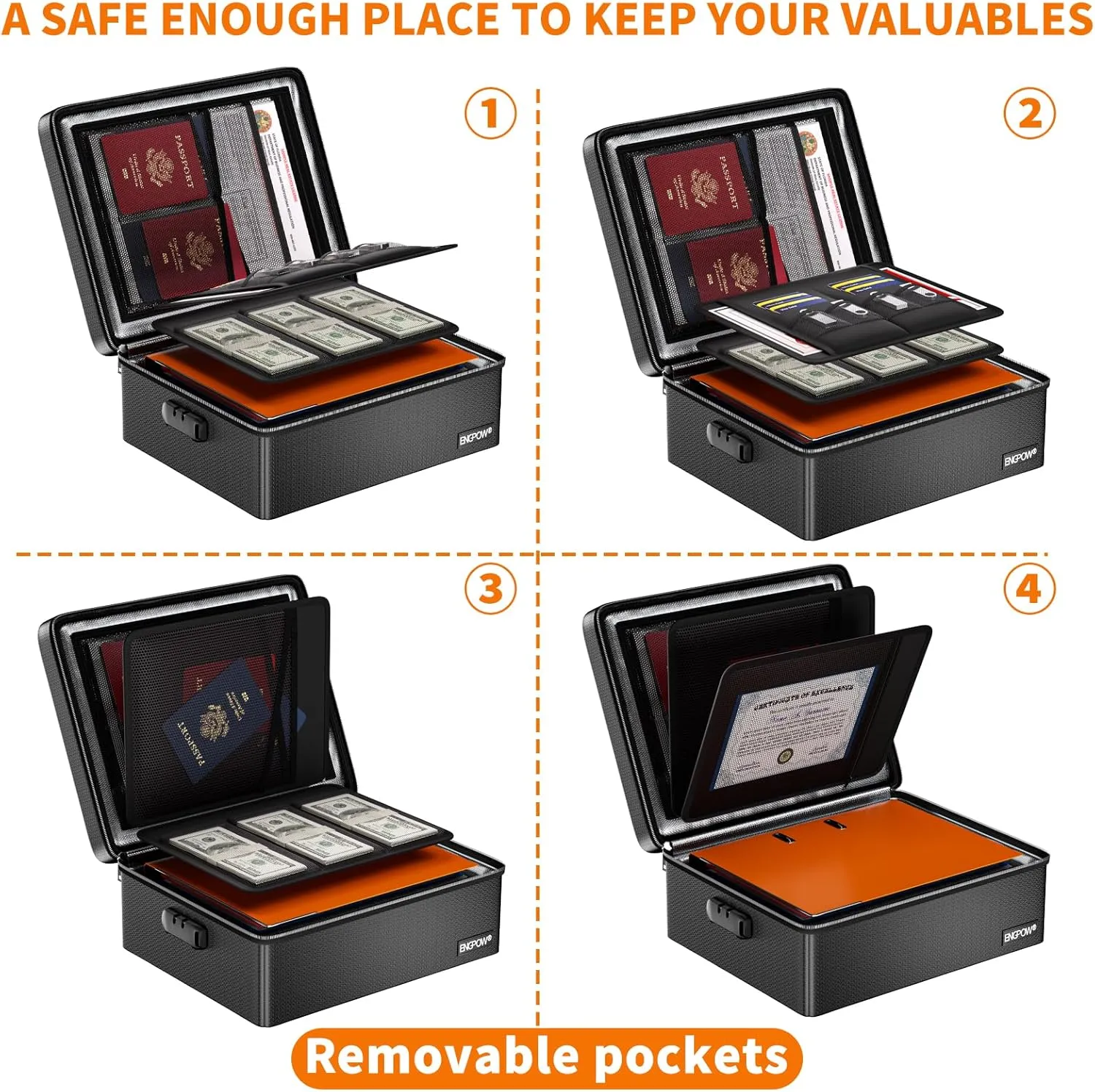 ENGPOW Fireproof Document Box with Lock, Fireproof Water Resistant Heat Insulated Safe Box Hard Case with Fireproof Zipper, Portable Home Office Travel File Organizer for Important Documents and More