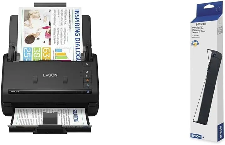 Epson Workforce ES-400 II Color Duplex Desktop Document Scanner for PC and Mac, with Auto Document Feeder (ADF) and Image Adjustment Tools & Black Ribbon, 15M Characters (S015384) Medium