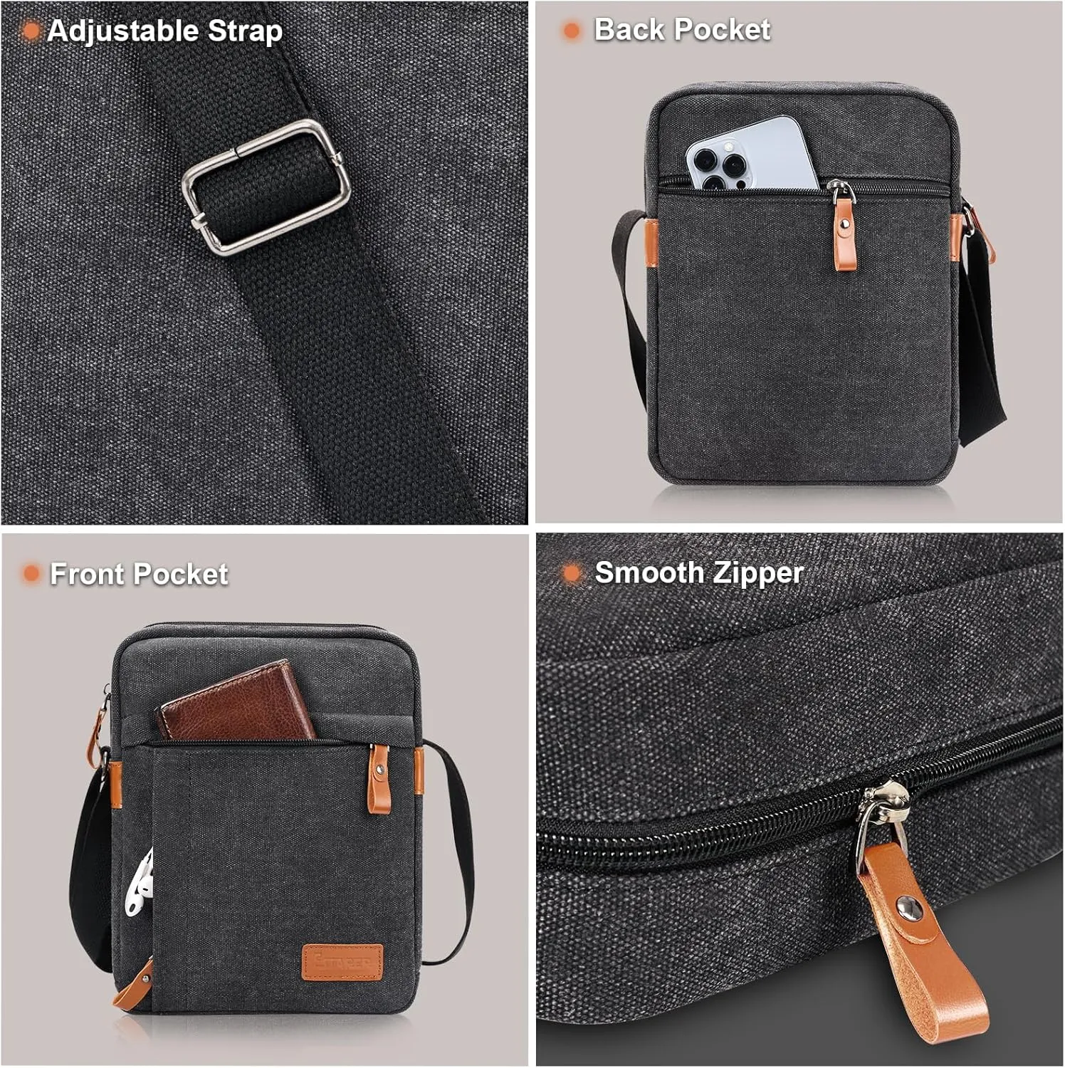 ESTARER Small Messenger Bag for Men, Mini Canvas Shoulder Bag，Water-Resistant Causal Crossbody Bag for 8-10 inTablet，Dark Gray