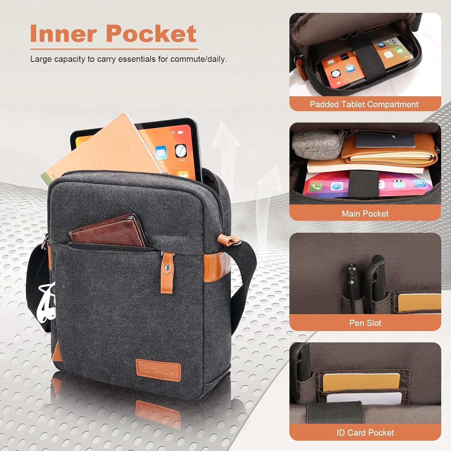 ESTARER Small Messenger Bag for Men, Mini Canvas Shoulder Bag，Water-Resistant Causal Crossbody Bag for 8-10 inTablet，Dark Gray
