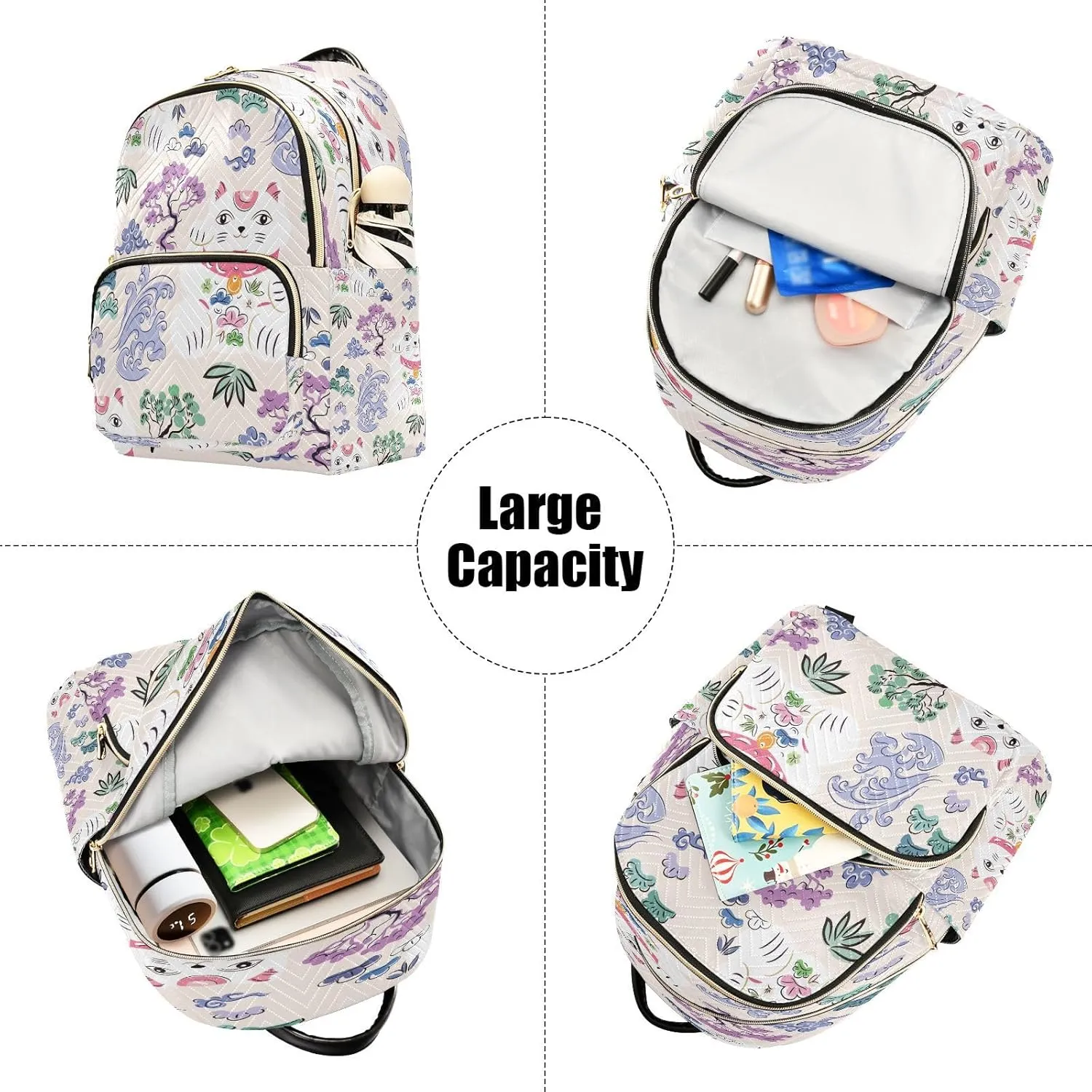 Exnundod Backpack Purse for Women Cute Lucky Cat Mini Backpack Casual Backpack Japanese Style Print Travel Daypack,Medium