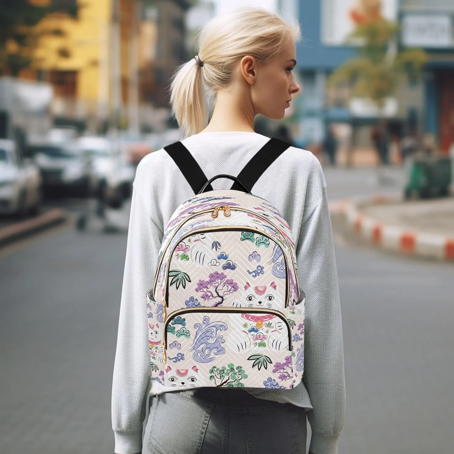 Exnundod Backpack Purse for Women Cute Lucky Cat Mini Backpack Casual Backpack Japanese Style Print Travel Daypack,Medium