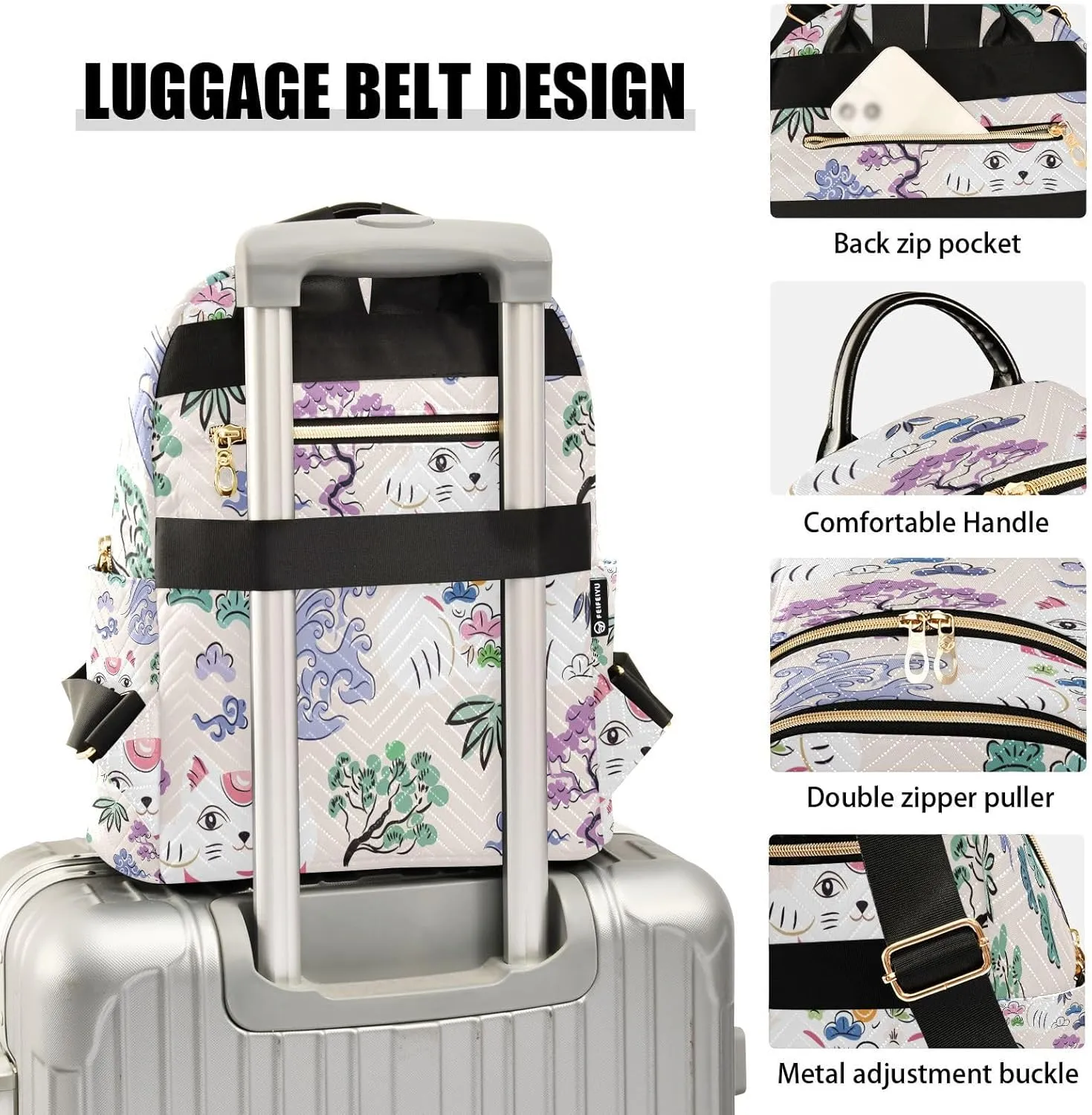 Exnundod Backpack Purse for Women Cute Lucky Cat Mini Backpack Casual Backpack Japanese Style Print Travel Daypack,Medium