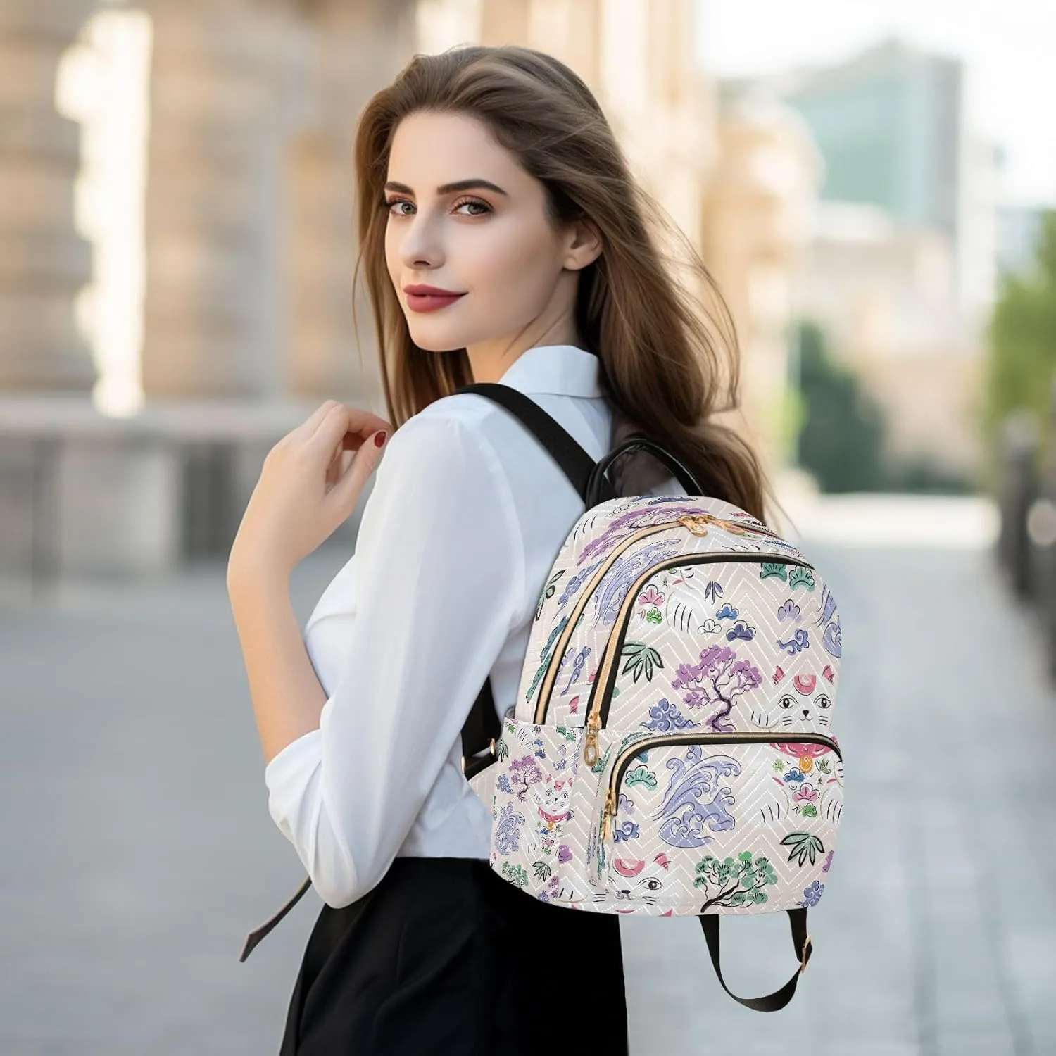 Exnundod Backpack Purse for Women Cute Lucky Cat Mini Backpack Casual Backpack Japanese Style Print Travel Daypack,Medium