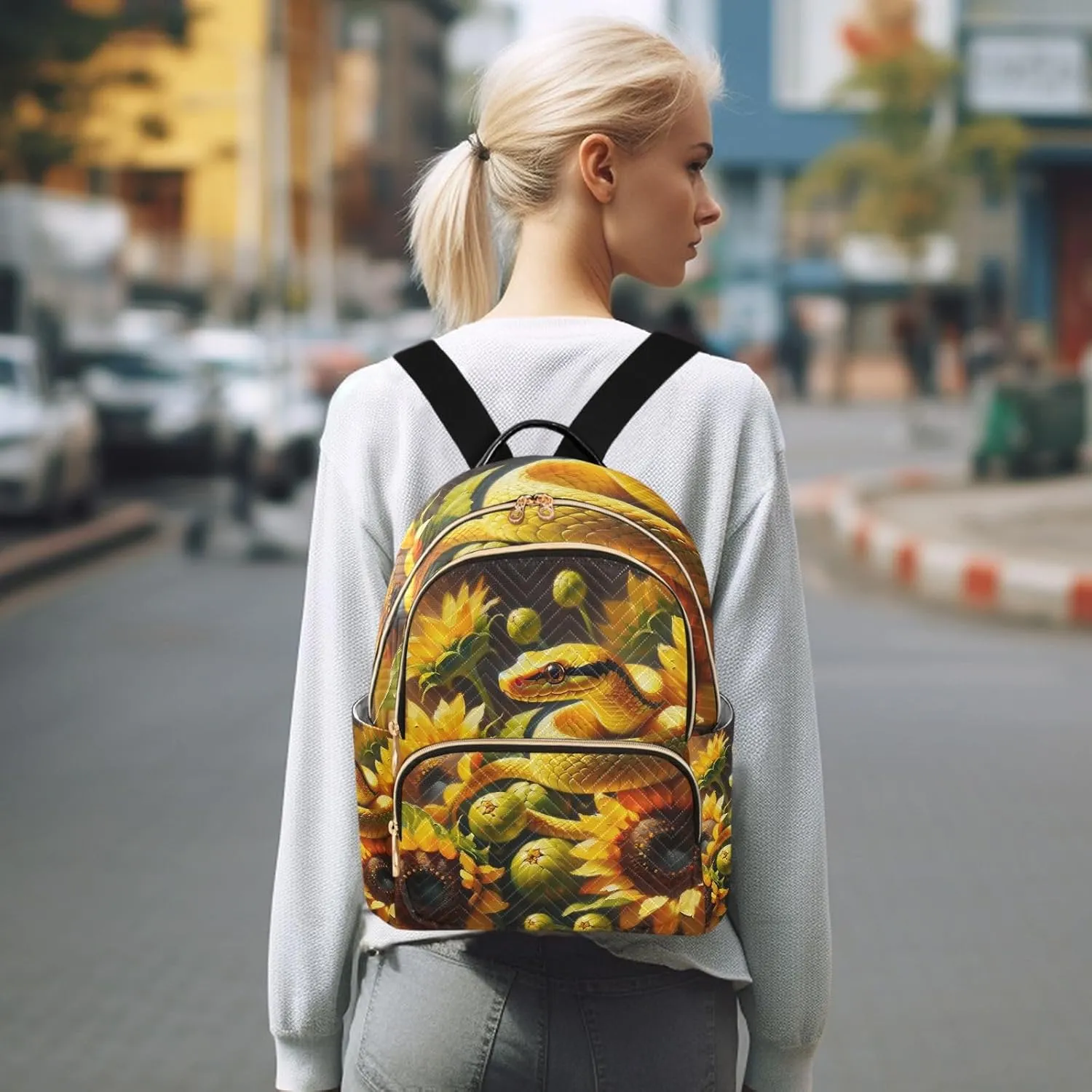 Exnundod Backpack Purse for Women Cute Snake Crawls Sunflowers, Mini Fashion Backpack Lightweight Casual Daypack Shoulder Bag Travel Backpack, M