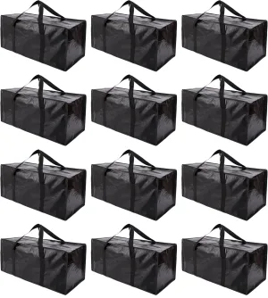 Extra Large Moving Bags with Zippers & Carrying Handles, Heavy-Duty Storage Tote for Space Saving Moving Storage, Fold Flat, Alternative to Box and Bin - 12 Pack, Black