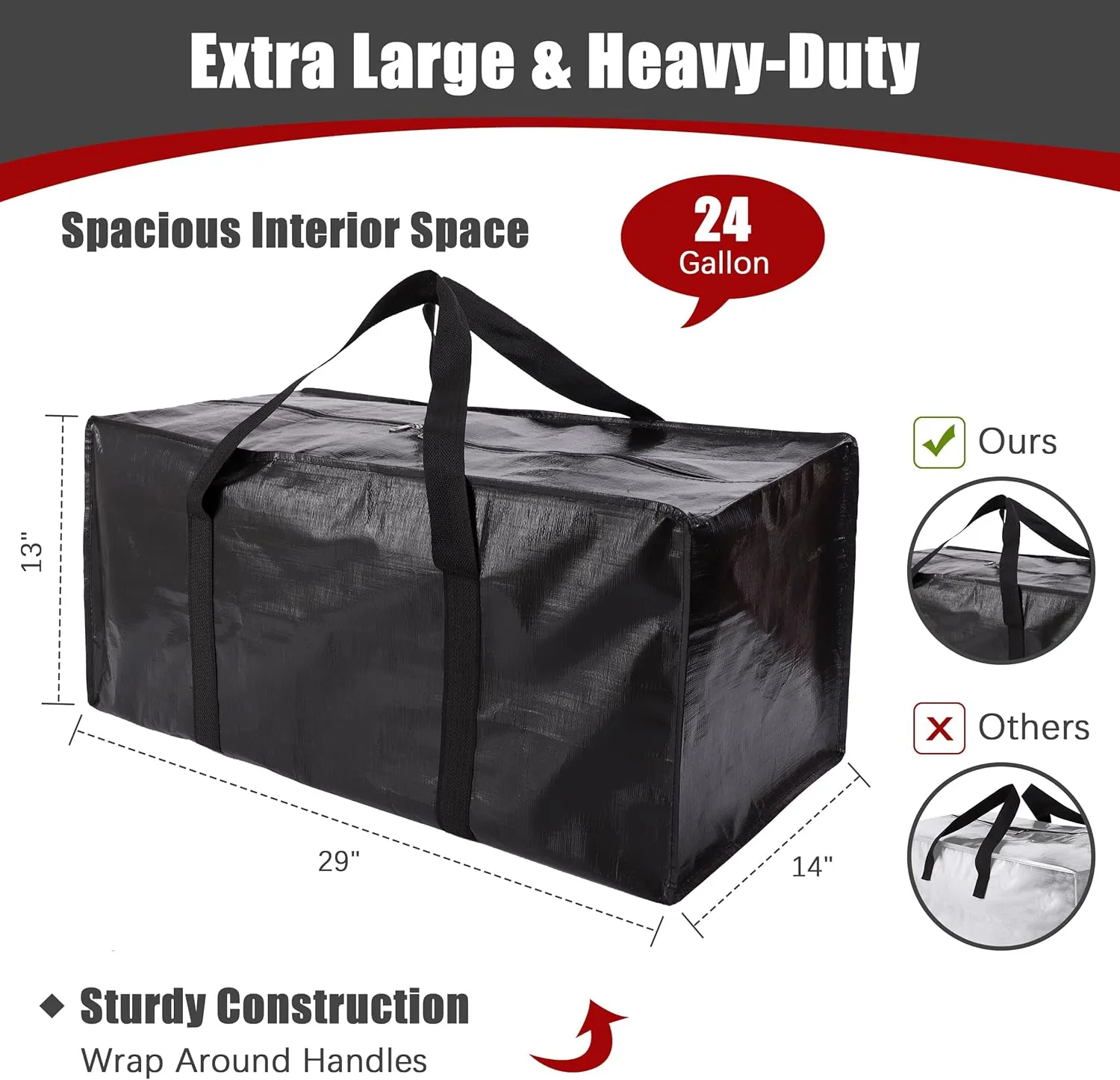 Extra Large Moving Bags with Zippers & Carrying Handles, Heavy-Duty Storage Tote for Space Saving Moving Storage, Fold Flat, Alternative to Box and Bin - 12 Pack, Black