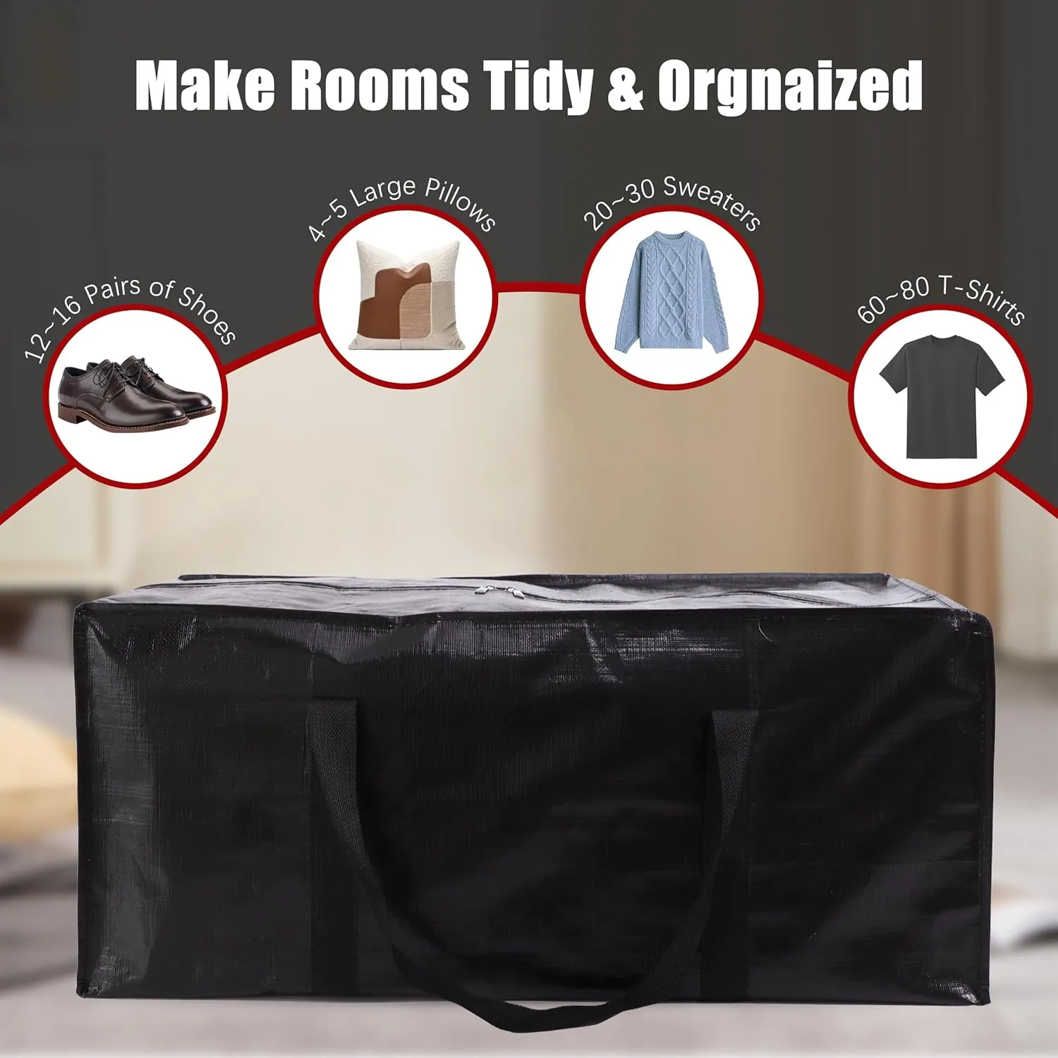 Extra Large Moving Bags with Zippers & Carrying Handles, Heavy-Duty Storage Tote for Space Saving Moving Storage, Fold Flat, Alternative to Box and Bin - 12 Pack, Black