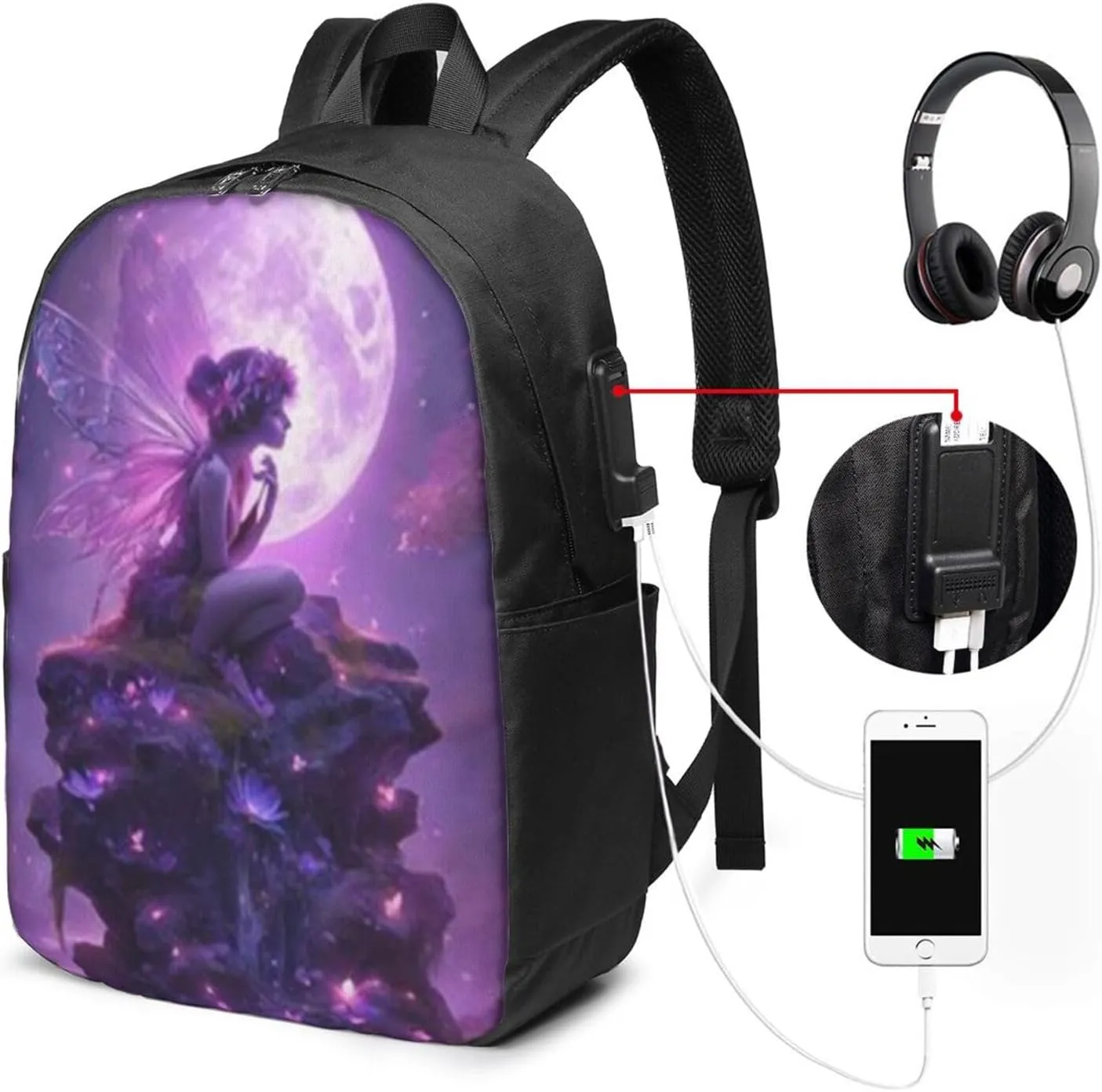 F-lower Moon Fairy Scobell Simple Large Capacity Backpack, The Whole Bag Is Stylish And Lightweight Black