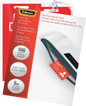 Fellowes Hot Laminating Pouches, ID Tag, Punched, 5 mil, 100 Pack (52016)