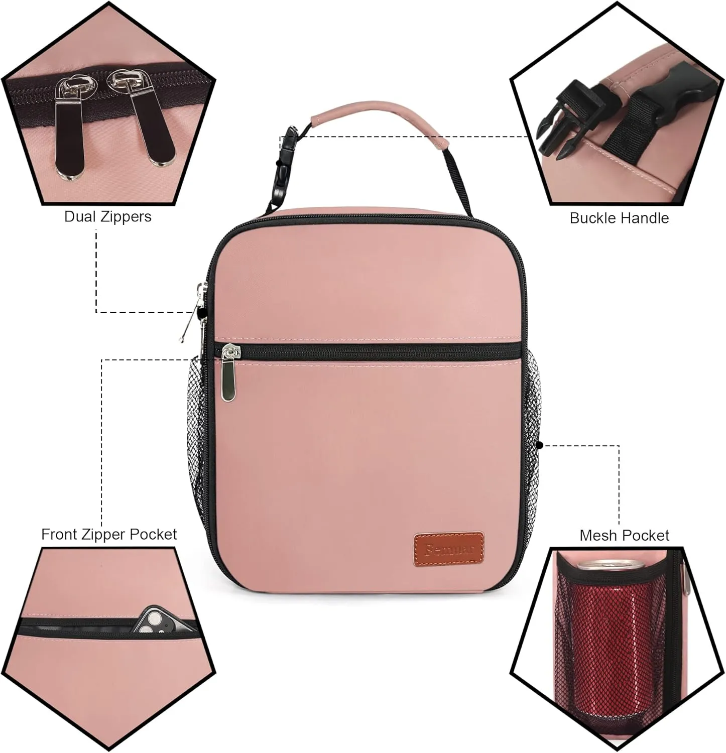 Femuar Lunch Box for Men Women Adults Small Lunch Bag for Office Work Picnic - Reusable Portable Lunchbox, Light Pink