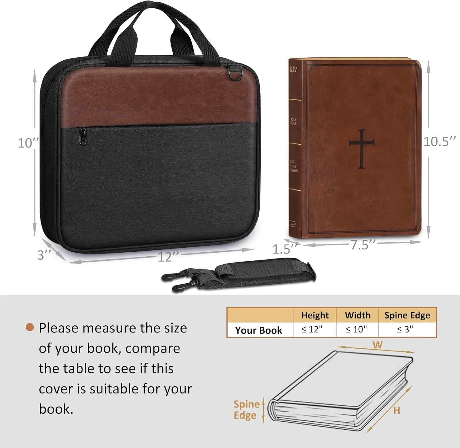 FINPAC Extra Large Bible Cover, Carrying Book Case Church Bag Bible Protective with Detachable Shoulder Strap & Zippered Pocket, Gift for Men Women, Black & Brown