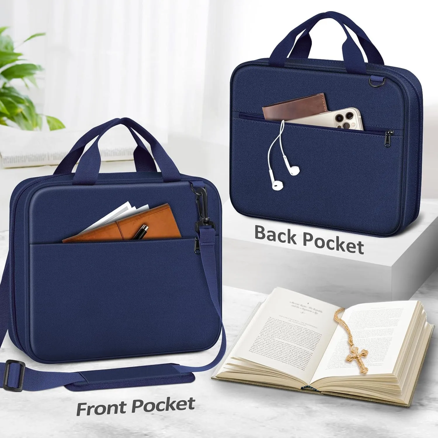FINPAC Extra Large Bible Cover, Carrying Book Case Church Bag Bible Protective with Detachable Shoulder Strap & Zippered Pocket, Gift for Men Women, Navy Blue