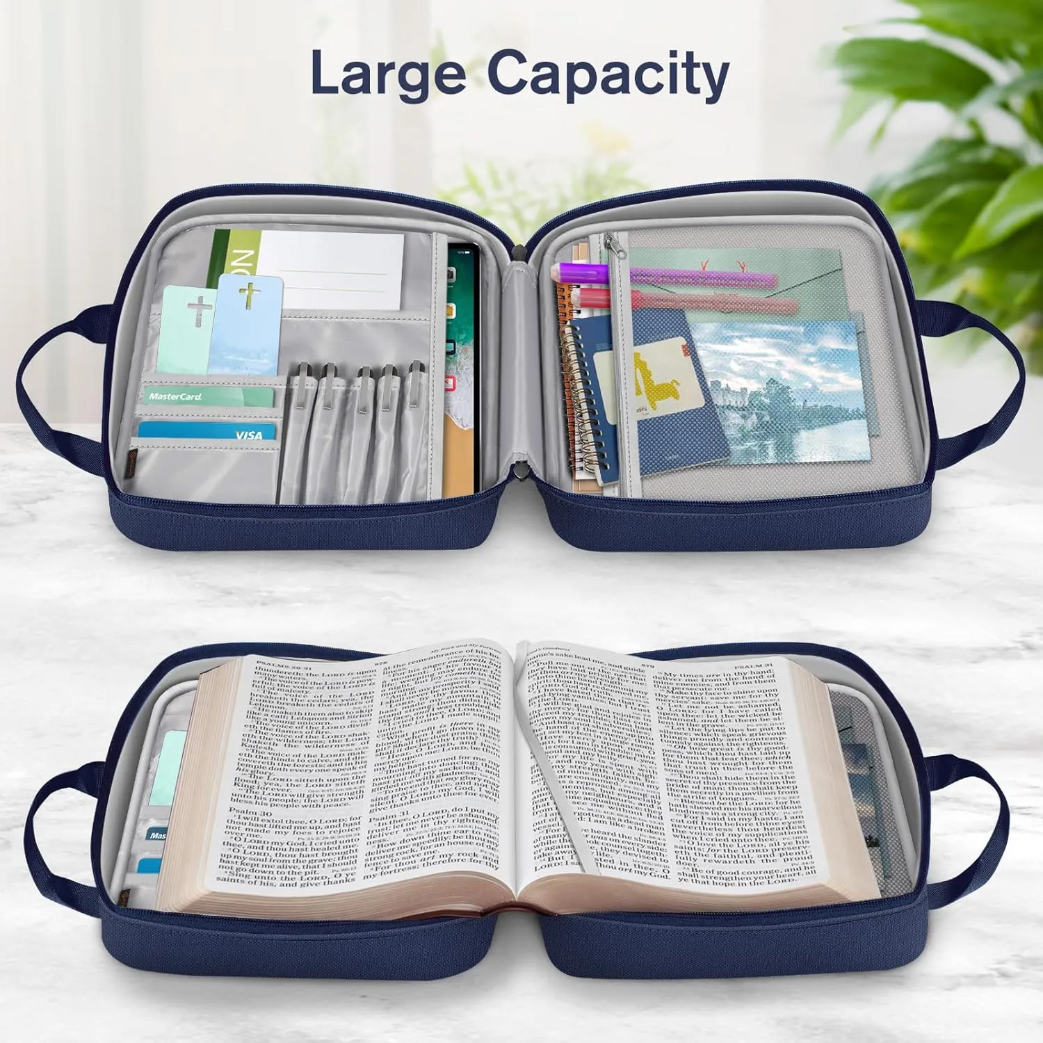FINPAC Extra Large Bible Cover, Carrying Book Case Church Bag Bible Protective with Detachable Shoulder Strap & Zippered Pocket, Gift for Men Women, Navy Blue