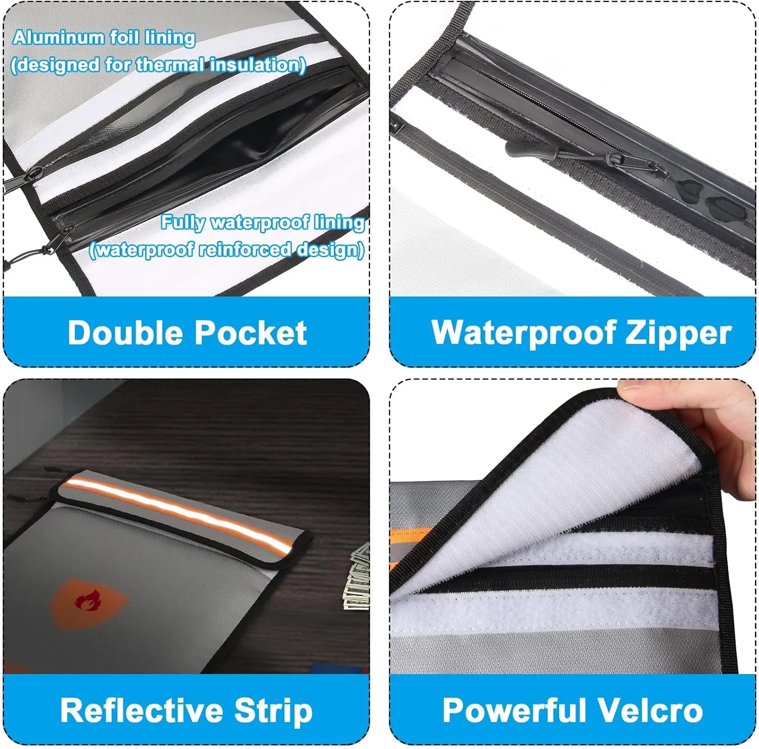 Fireproof Bag for Documents, Fireproof Money Bag for Cash with Zipper (Reinforced Fire Protection - Aluminum Foil Lining), Waterproof Document Pouch for Valuables