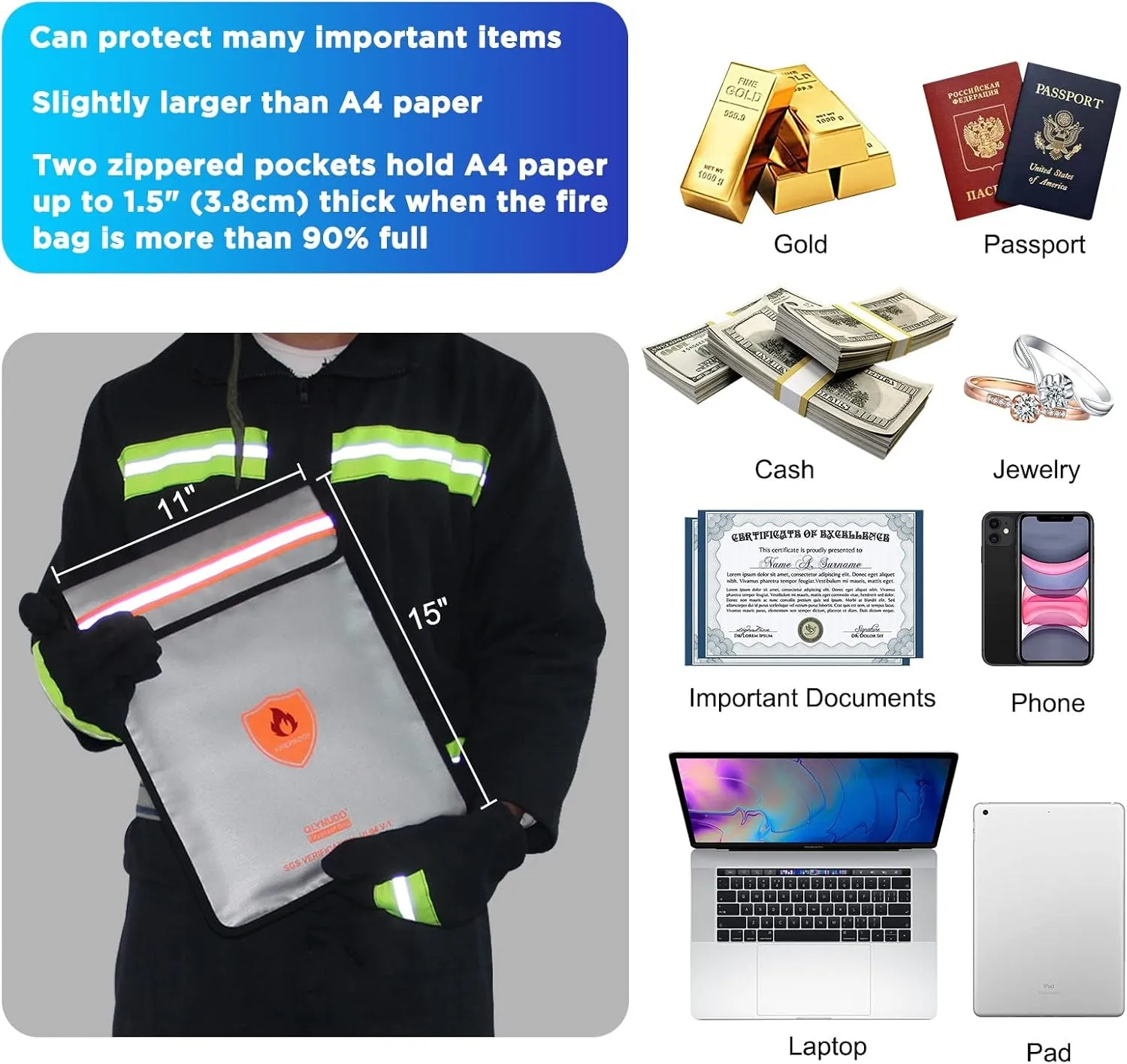 Fireproof Bag for Documents, Fireproof Money Bag for Cash with Zipper (Reinforced Fire Protection - Aluminum Foil Lining), Waterproof Document Pouch for Valuables