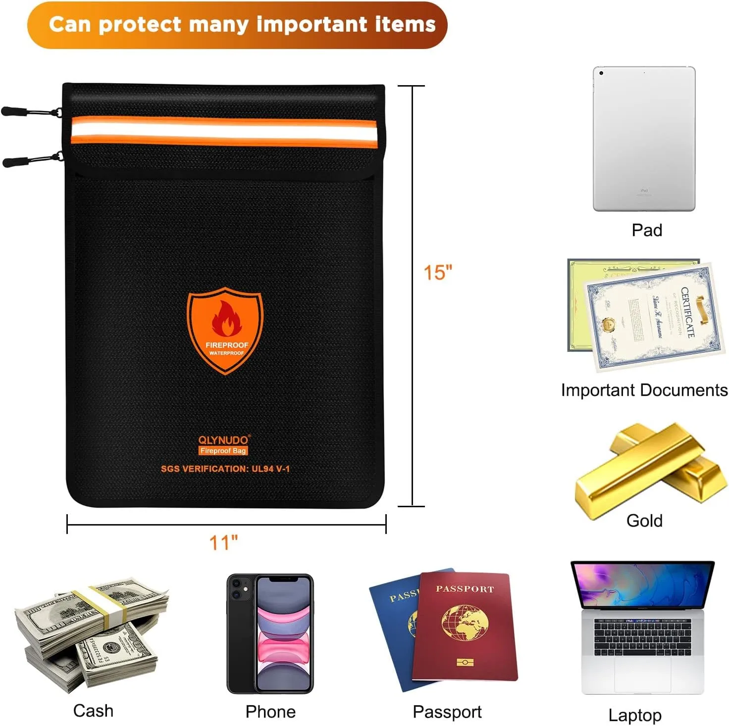 Fireproof Document Bag - Waterproof Fireproof Money Bag with Zipper for Cash/Important Documents/Valuables (Seal Protection), 15x11" (A4 Size), Fire Safe Envelope Bag with Reflective Strip